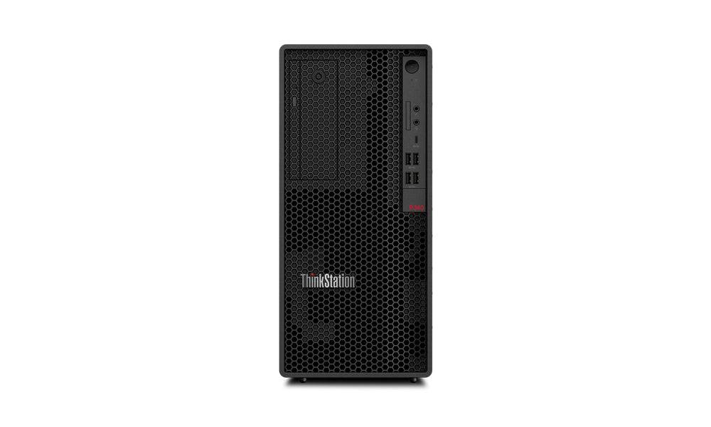Vista frontale della Lenovo ThinkStation P340 Tower con griglia nera e logo ThinkStation ben visibile. Vista frontale della Lenovo ThinkStation P340 Tower con griglia nera e logo ThinkStation ben visibile.